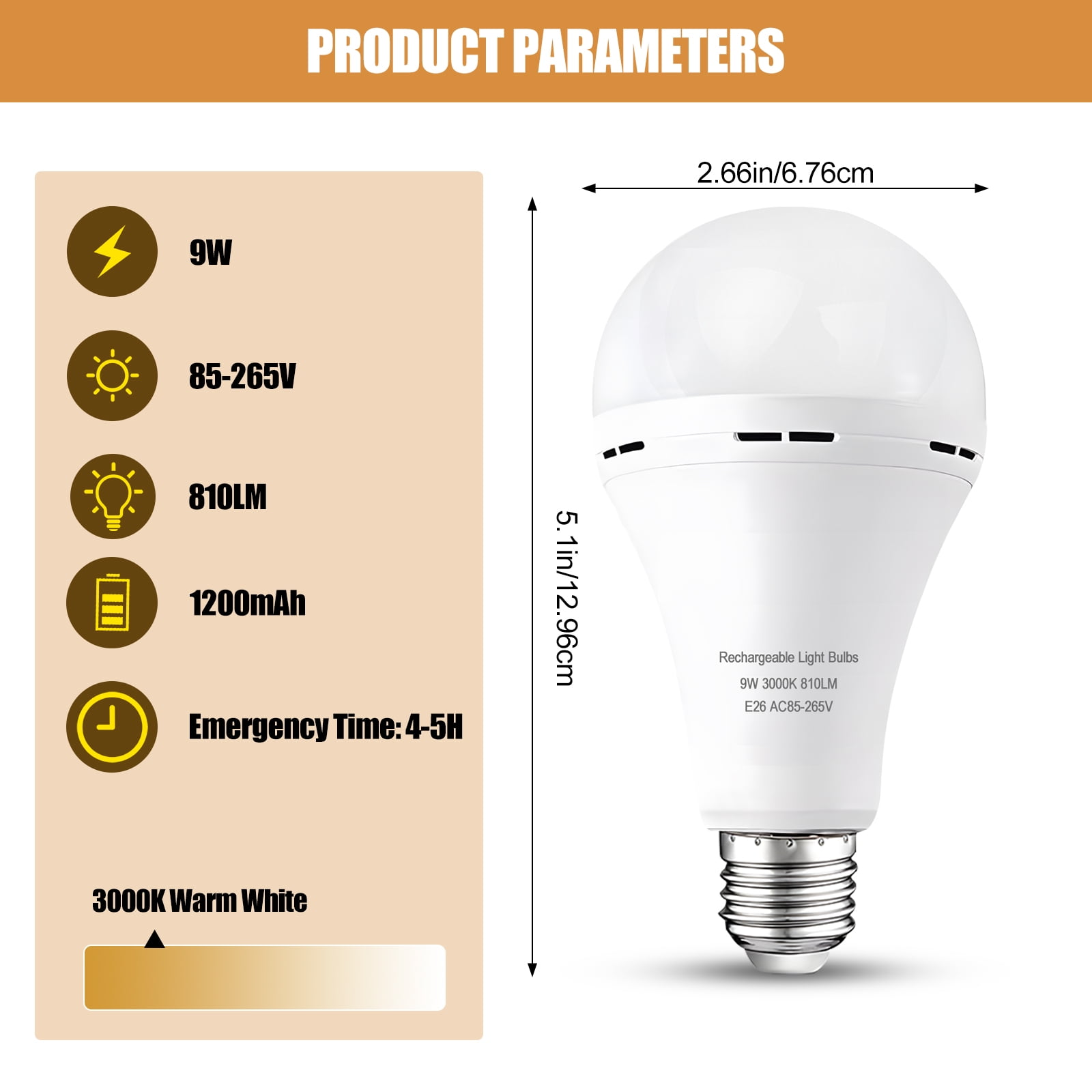 Emergency Rechargeable Light Bulbs 6 PCS, Keep Lighting When Power Failure, A21 9W 60W Equiv., Battery Operated Light Bulb with 1200mAh for Home Camping, Emergency Time 4-5 hrs(with Hook, Warm White)