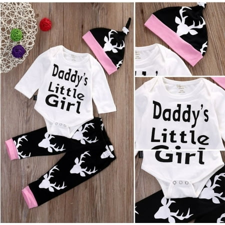 Newborn Baby Girls Little Girl Tops Romper +Long Pants Hat Outfits Set