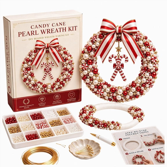 DIY Christmas Pearl Wreath Kit, Pearl Beaded Wreath Making Set with Christmas Tree Snowman, Holiday Craft for Kids Adults