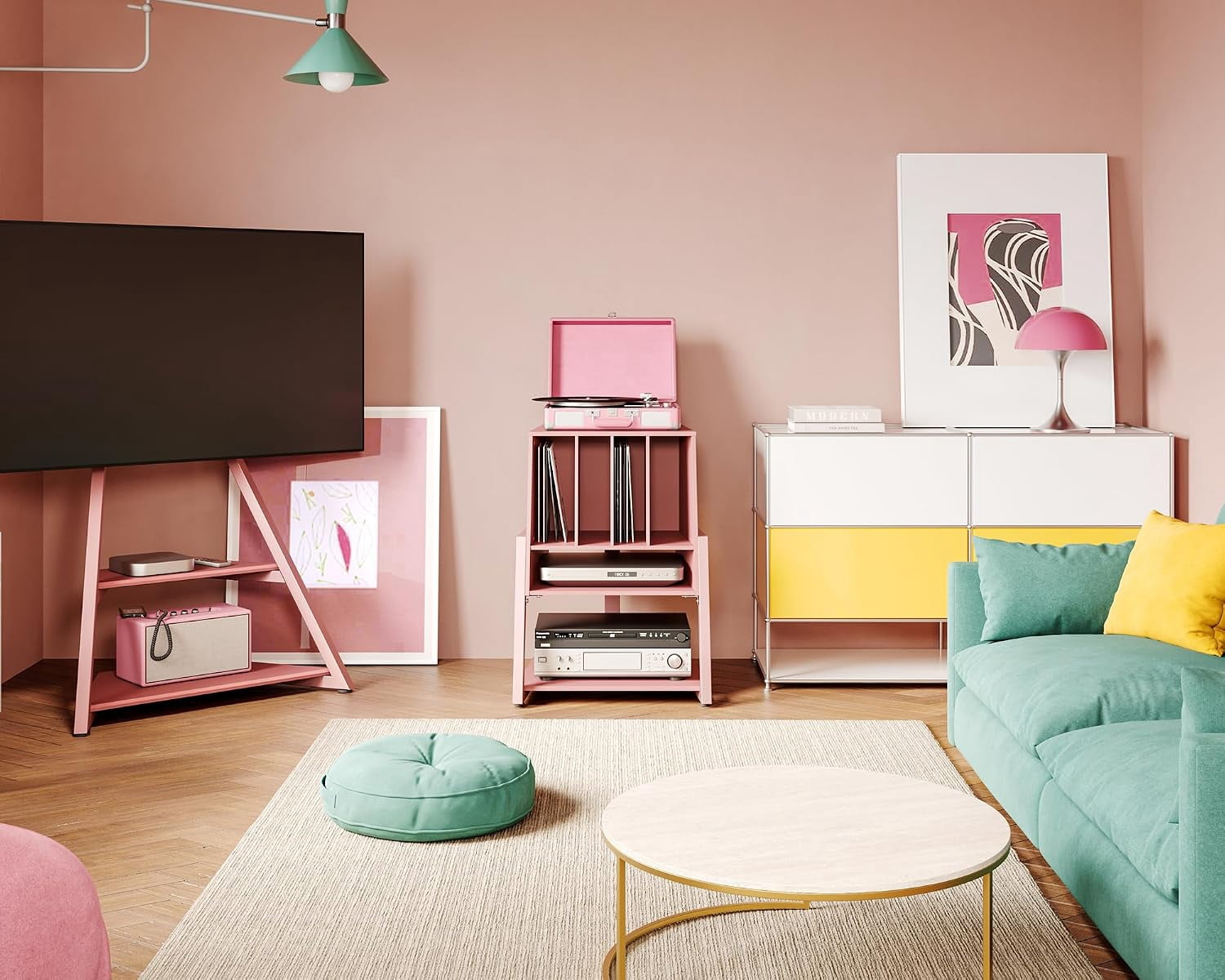 FITUEYES Record Player Stand with Vinyl Storage, Holds up to 120 Records, Pink, Eiffel Series