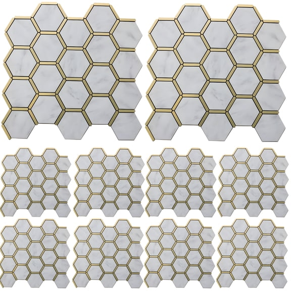 10 Pcs Hexagon Peel and Stick Tile Backsplash, PVC Self-Adhesive White Marble Effect with Gold Accents, Easy Install for Kitchen and Bathroom, Waterproof, Heat-Resistant, Ideal for TV Wall and More