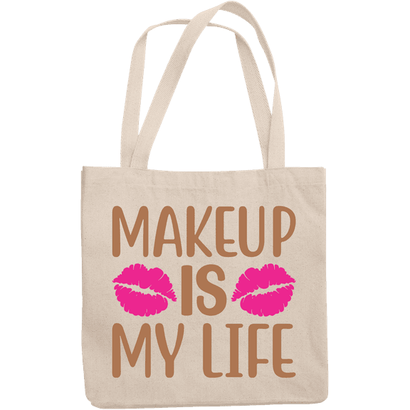 12oz Canvas Tote Bag - Makeup Is My Life with Pink Lipstick Marks Design - Beauty Themed Merch for Makeup Artist or Cosmetologist, Gift for Makeup Lovers & Beauticians