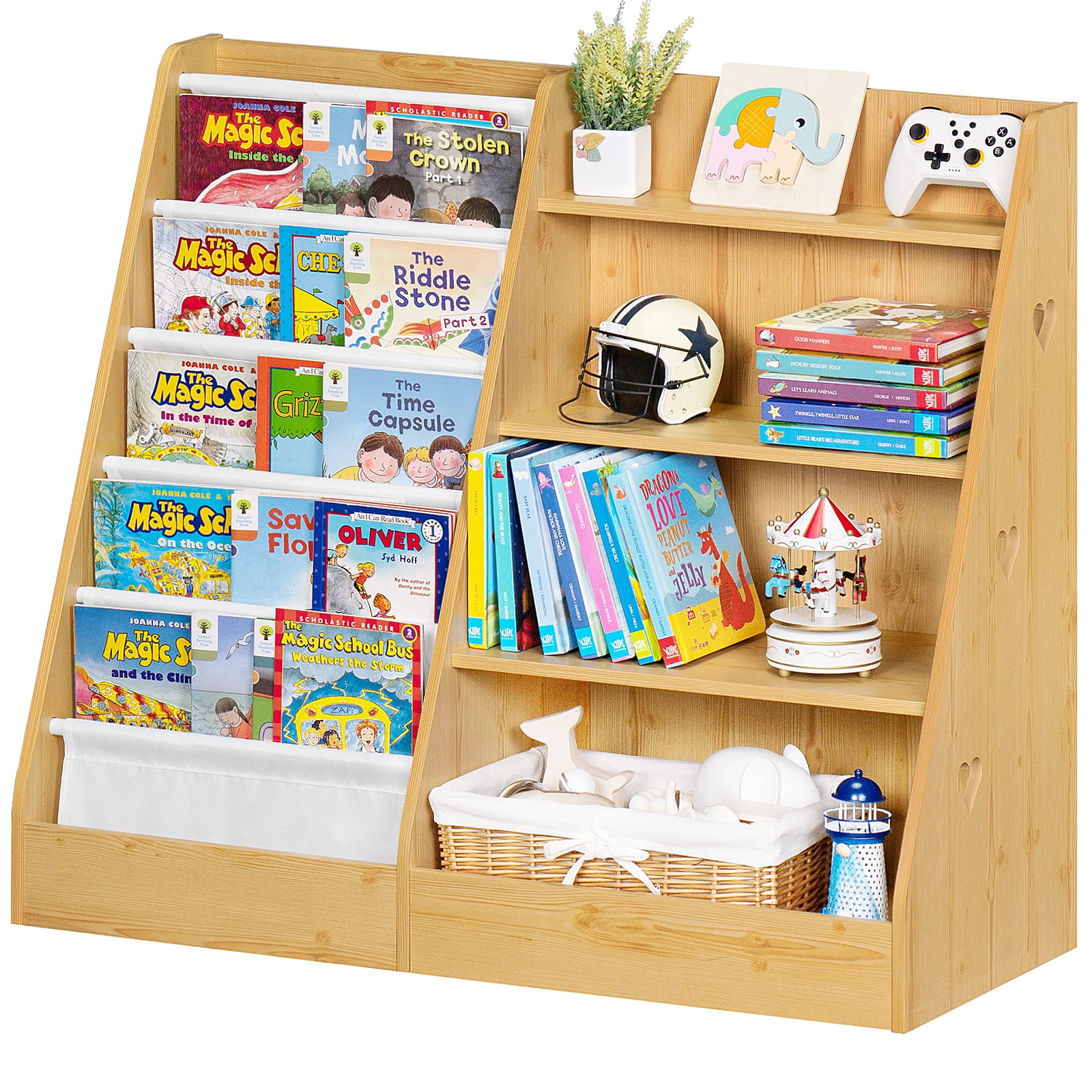 LELELINKY 35.5"Wide Large Kids Bookcase, 4-Tiers Kids Book Organizer Bookshelf with 5 Layer Sling, Wooden Bookshelf for Kids Room
