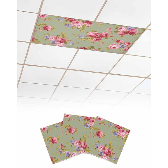 Fluorescent Light Covers for Ceiling Lights 3 Pack, Pink Purple Spring Floral Magnetic Ceiling Light Covers 2x4ft for Classroom Office, Sage Green Vintage Summer Botanical Drop Ceiling Light Shade