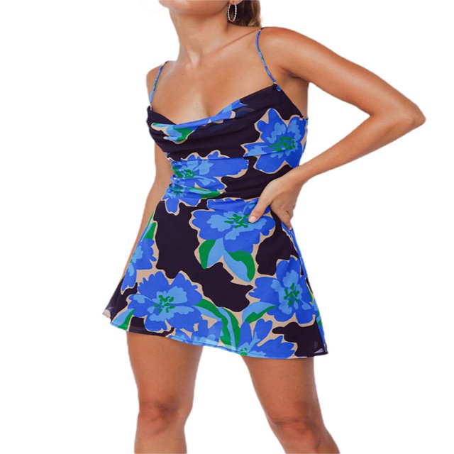 Robes de Mode Sans Manches à Col en V pour Femmes Mini Robes de Soleil Florales Sexy Dos Nu Décontractées Robe Courte