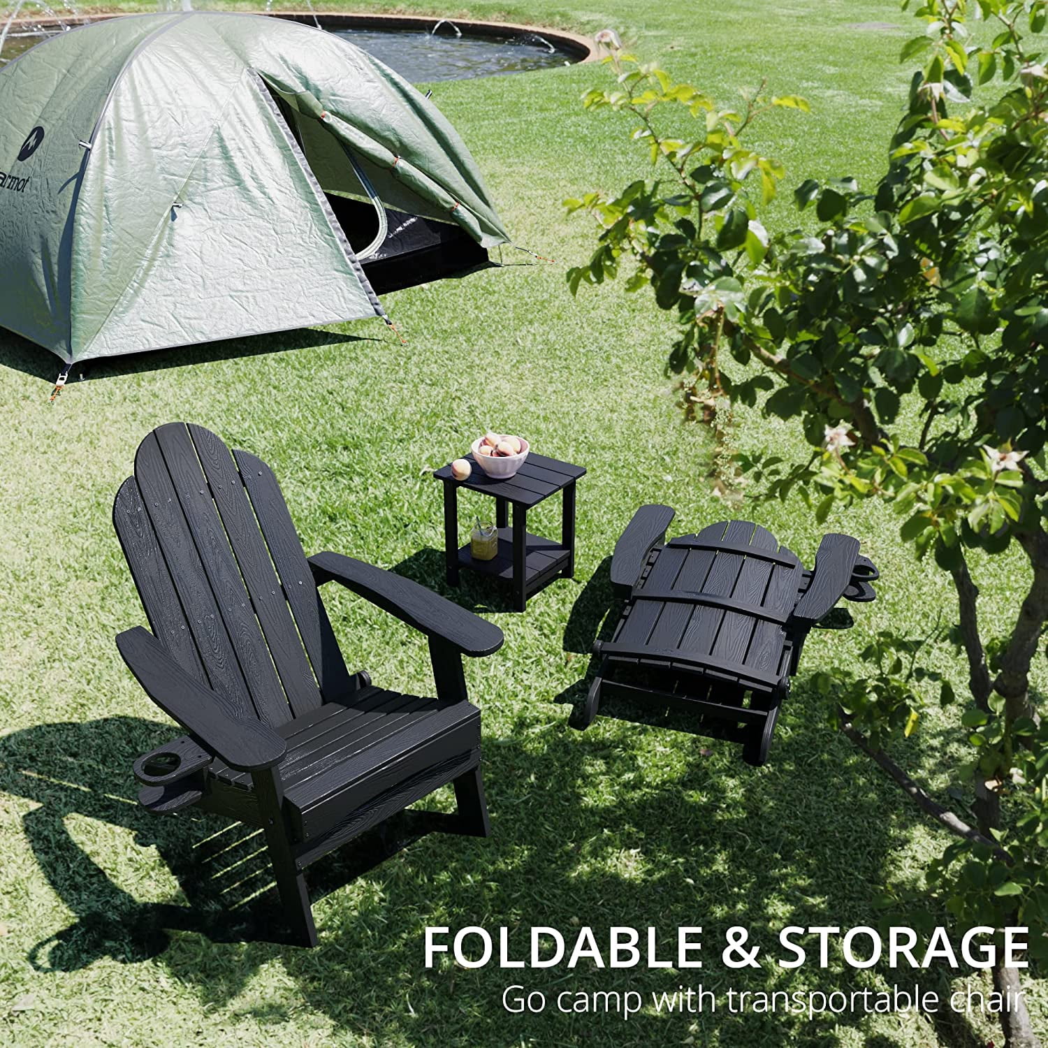Dycanpo Folding Adirondack Chairs Set of 5,Fire Pit Patio Garden Chair with Cup Holder,Black