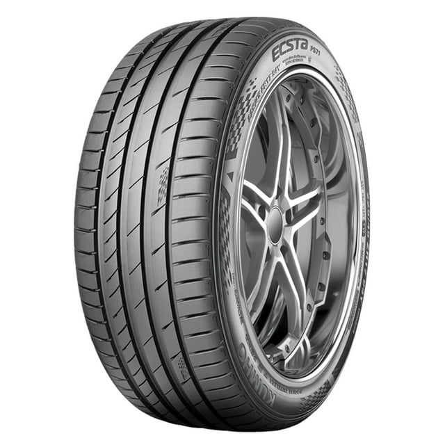 llanta kumho ecsta ps71 225/45r18 91y — Llanta para auto 18" perfil 225/45R18, índice 91Y; vista 3/4 frontal que muestra el flanco con texto ECSTA PS71, dibujo asimétrico con canales longitudinales y ranuras transversales y rín de aleación gris; adecuada para rendimiento y confort al conducir.