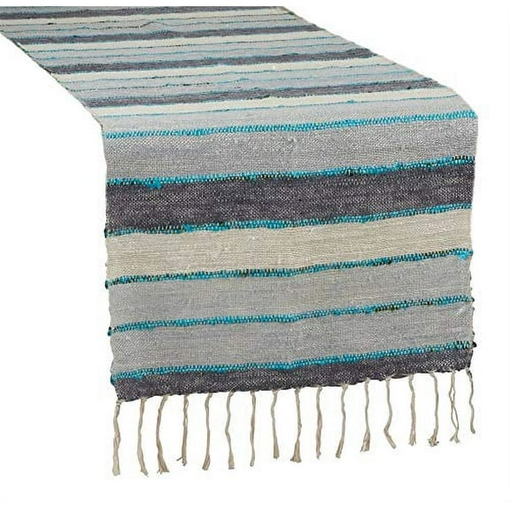 Fennco Styles Woven Chindi Striped Fringe 100% Cotton Table Runner 16 x 72 Inch - Blue Table Cover for Home Décor, Dining Table, Banquets, Family Gathering and Special Occasion