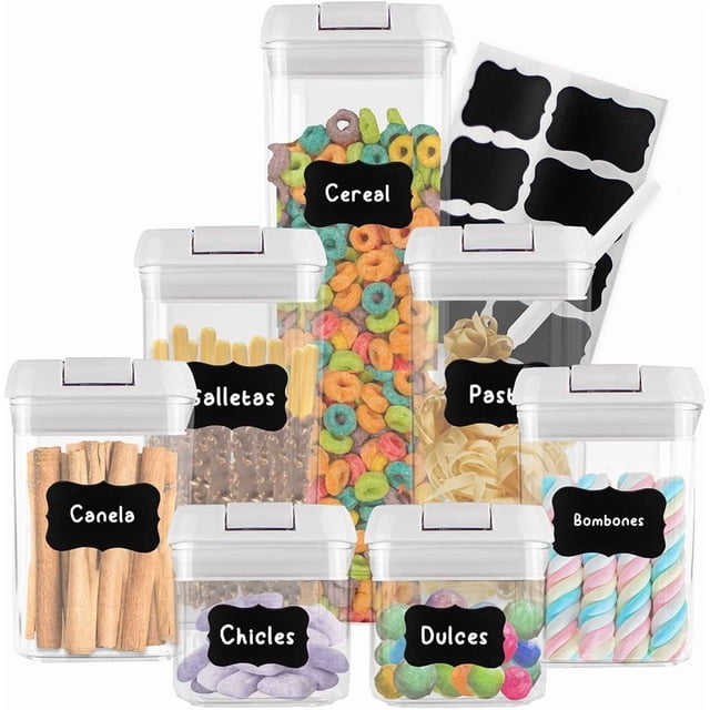 Juego de Contenedores Herméticos para Almacenamiento de Alimentos Recipientes Libres de BPA y Tapa Abre-Facíl con Etiquetas para Identificar