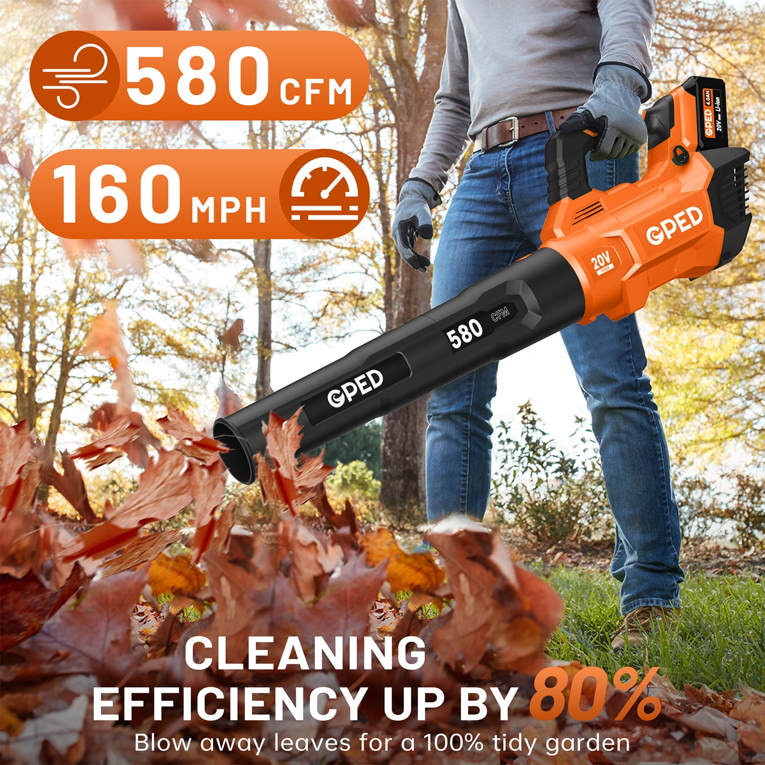 Leaf Blower, 3 Speed Adjustment Electric Cordless Leaf Blower with 2 x 4.0Ah Batteries, Charger, Shoulder Strap, 580CFM/160MPH, Ideal for Patio Cleaning, Lawn Care, Blowing Leaves, Orange