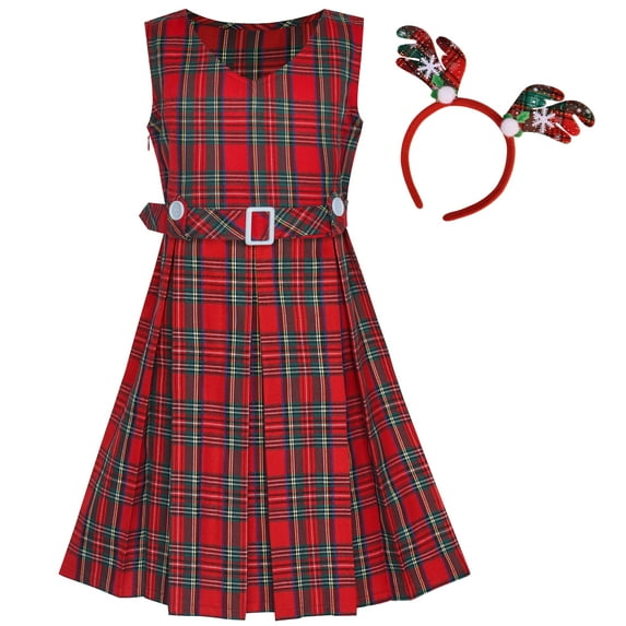 Girls Dress Christmas Reindeer Headband Red Plaid School Dress 6 Years