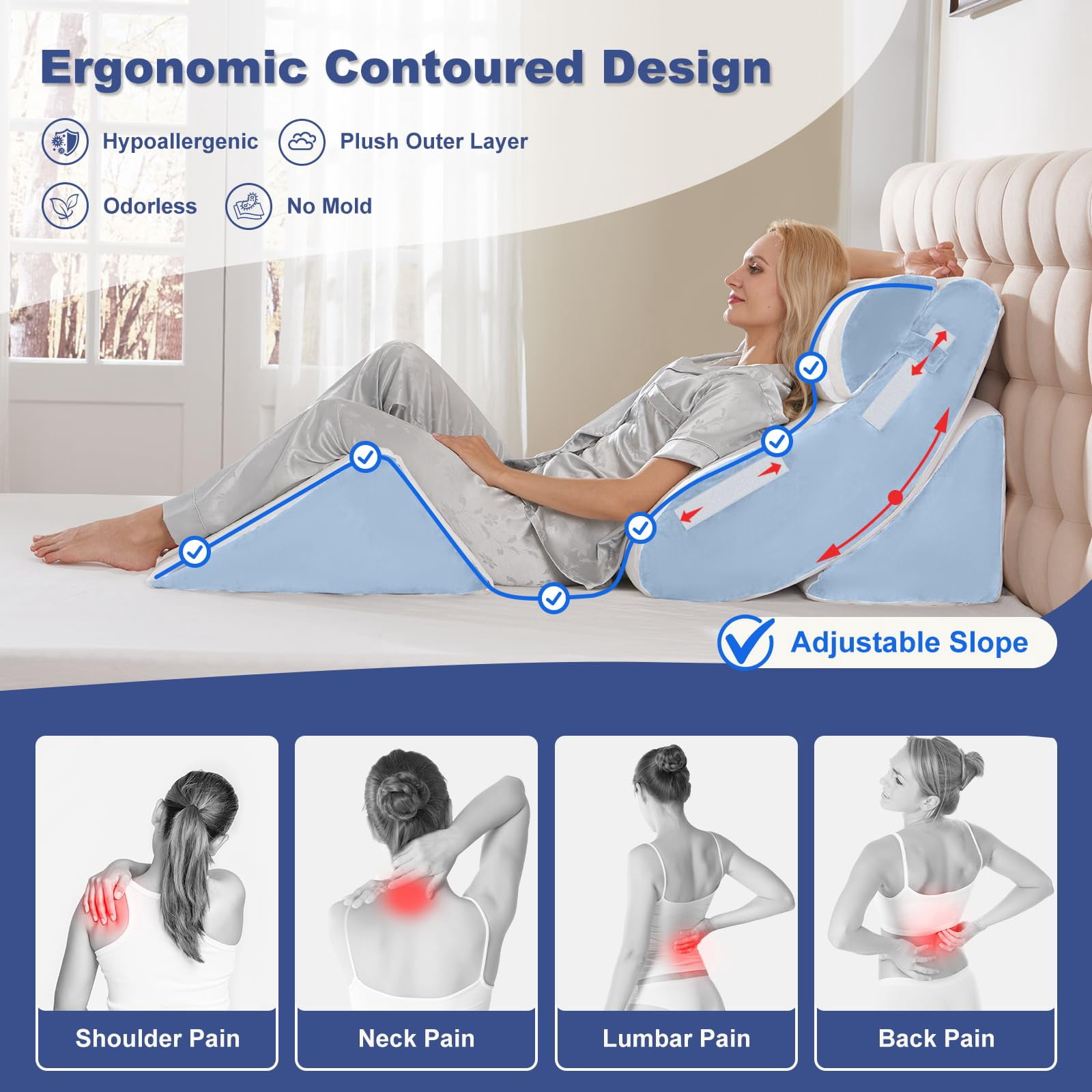 4pcs Wedge Pillow Set For Sleeping - Bed  Adjustable Memory Foam Support Sitting Up In White Blue