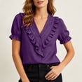 thumbnail image 4 of Cilsoka Women's Ruffle Trim Button Down Shirts Summer V Neck Puff Sleeve Cotton Linen Tops Casual Loose Fit Solid Blouse, 4 of 6