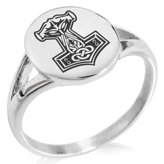 Stainless Steel Mjolnir Thor's Hammer Viking Norse Minimalist Oval Top Polished Statement Signet Ring