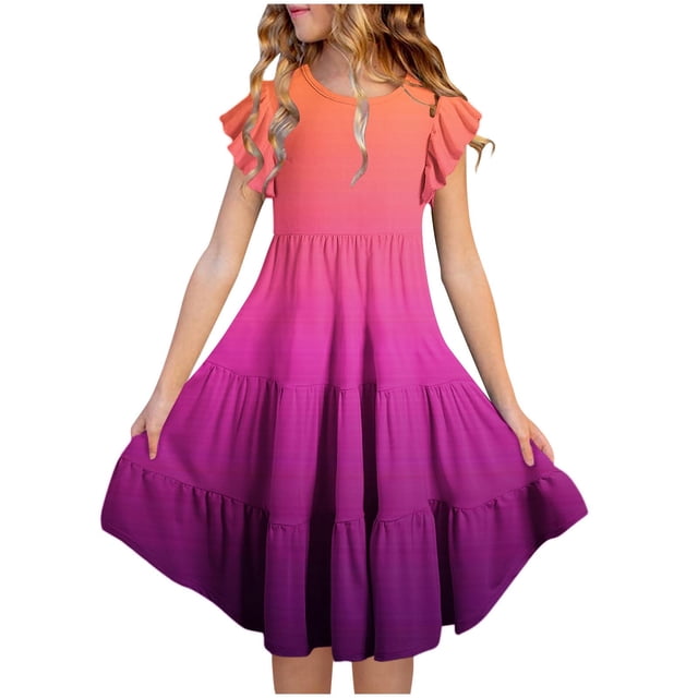 NTACZA Robe Fille à Volants Manches Courtes Robe Midi Ligne A Évasée Préado Ombre Robe d'Été 11 Ans