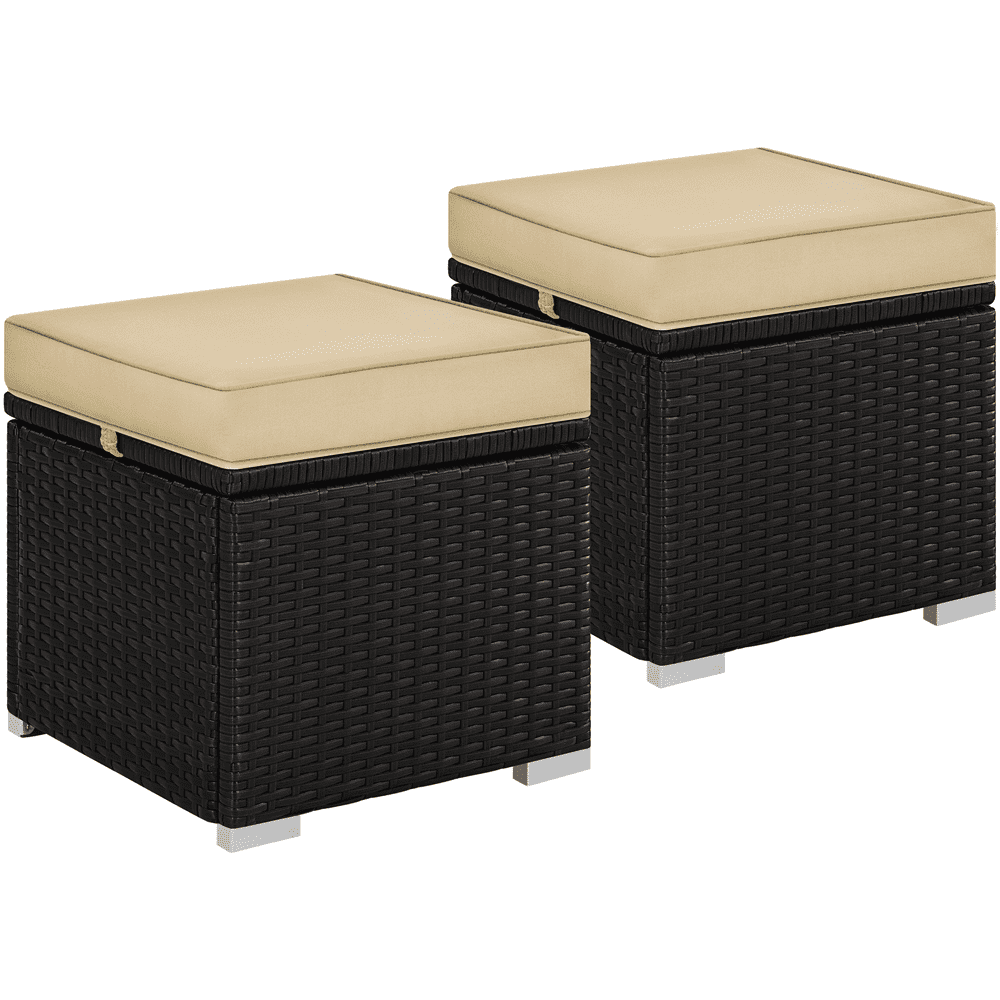 Renwick Wicker Patio Storage Ottomans with Cushions, Set of 2, Brown/Khaki