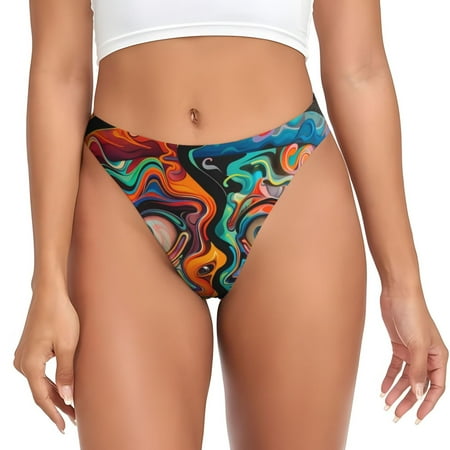 Qokaie Psychedelic Faces Colorful Printed Women s Cotton Thong Underwear  Sexy Breathable Panties G-string-X-Small
