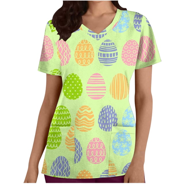 Blouses Funicet pour Femmes, Shorts pour Femmes, Blouse à Manches Courtes Col en V Uniforme Imprimé de Pâques avec Poches pour Infirmières, Blouses à Manches Courtes pour Femmes, Blouse pour Femmes