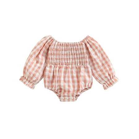 

xingqing 0-18M Lovely Newborn Infant Baby Rompers Long Sleeve Off-shoulder Plaid Print Jumpsuit Autumn Outfits Pink 6-12 Months