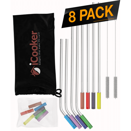 - 8 Pack Reusable Stainless Steel Straws Ultra Long 10.5 Inch Small 8.5 inch Drinking Metal Straw For Tumblers Rumblers Cold Beverage - (4 Straight - 4 Bent - 2 Cleaning Brushes)