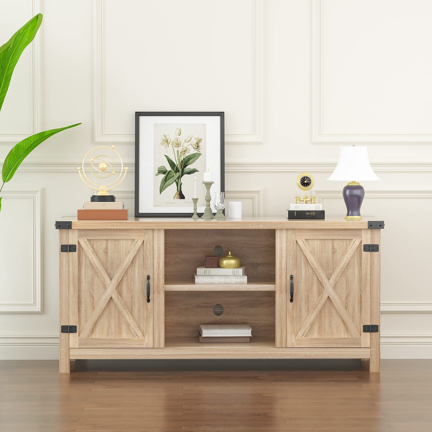 Farmhouse TV Stand for 65 Inch TV, MidCentury Modern Television Stand