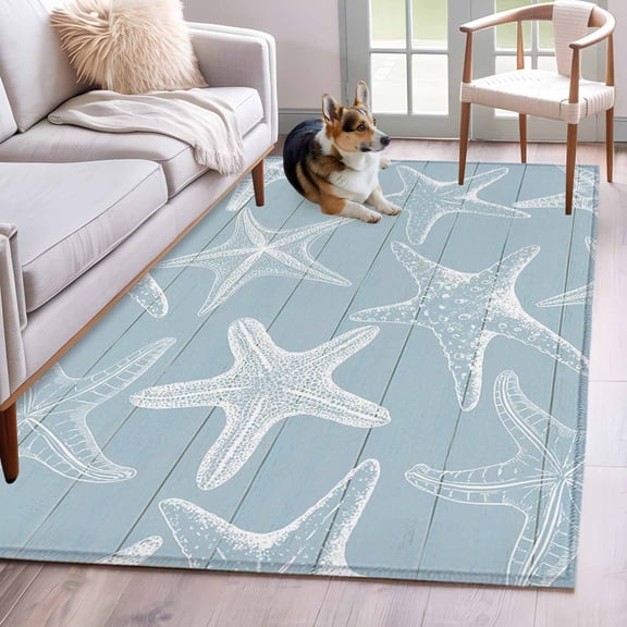 Area Rug for Living Room, Blue White Starfish Non-Slip Indoor Large Carpet for Bedroom/Dining Room, Coastal Ocean Summer Sea Nautical Washable Low-Profile Rectangle Floor Mat Runner Rugs - 2.7 x 5 Ft