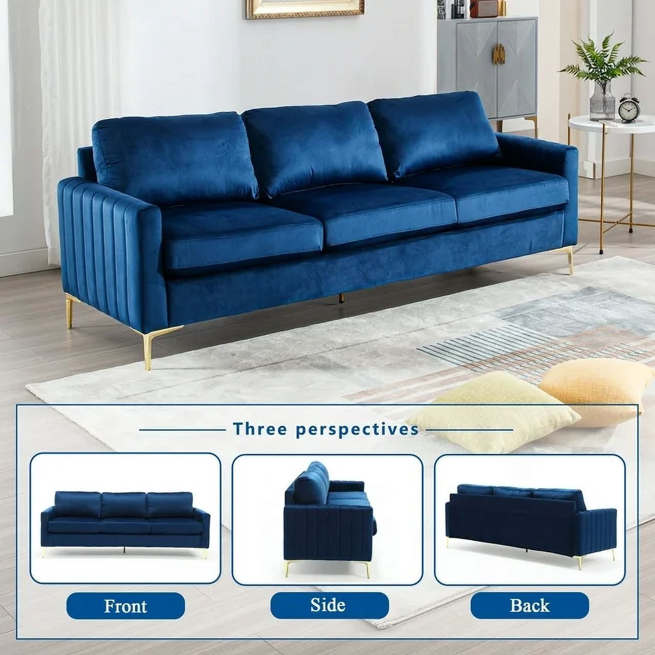 Muumblus 3 Pieces Velvet Living Room Furniture Sets, Modern Two Single Sofa Chairs and One 3-Seater Sofa Couch, Navy Blue