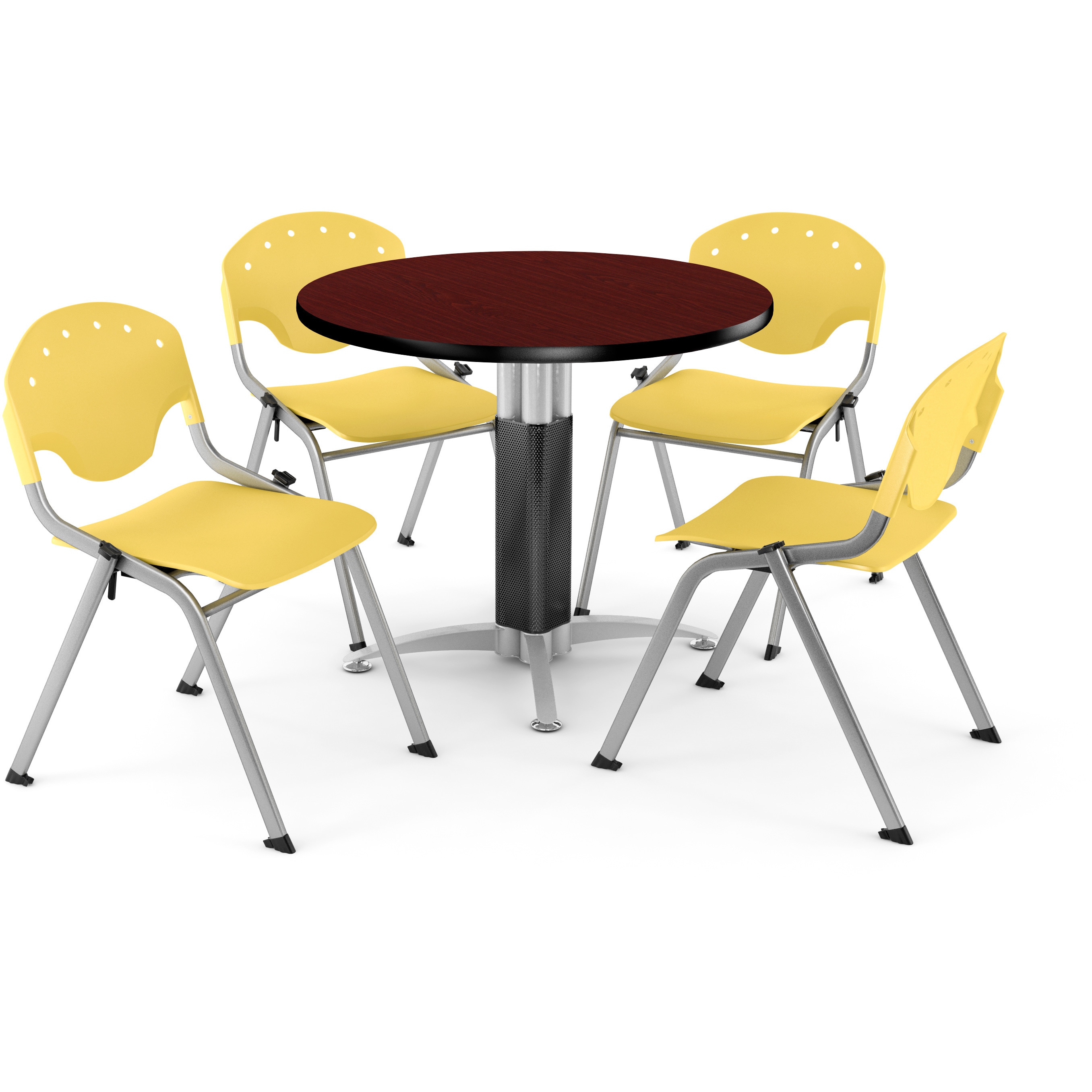 ofm core collection breakroom bundle, 36" round metal mesh base multi-purpose table in cherry, 4 rico stacking chairs in burgundy (pkg-brk-021-0003)