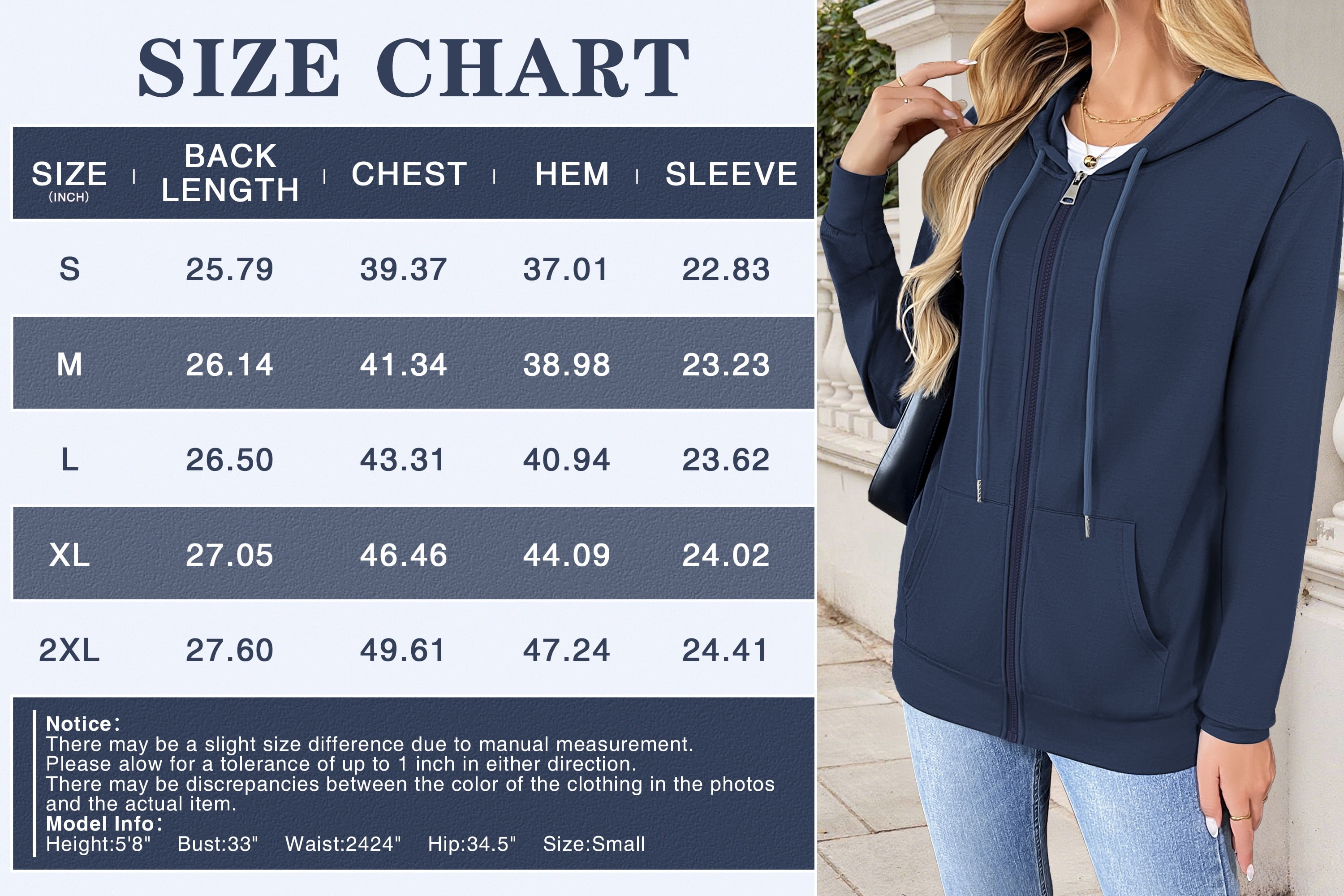 HOWCOME Basic Women's Full-Zip Hoodie – Lightweight Non-Fleece Long Sleeve Track Jacket with Adjustable Hood and Pockets, Navy Blue X-Large