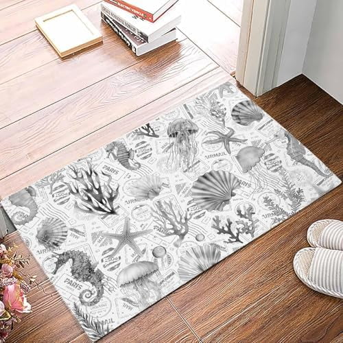 Doormat Indoor Entrance Home Decor Door Mat Grey Coastal Floor Rugs for Kitchen Bathroom Summer Coral Shell Sea Beach Nautical Funny Welcome Mat 17x30 Inch.