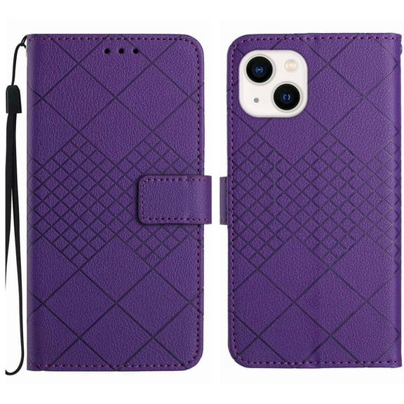 Compatible for iPhone 14 Plus Wallet Case Rhombus Skin Feel Strong Magnetic PU Leather Women Men Case with Card Holders Stand Flip Protective Cover with Wrist Strap,Purple