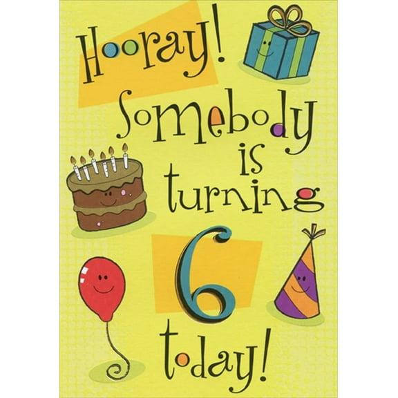 Designer Greetings Hooray Gift, Cake, Hat and Balloon Age 6 / 6th Birthday Card