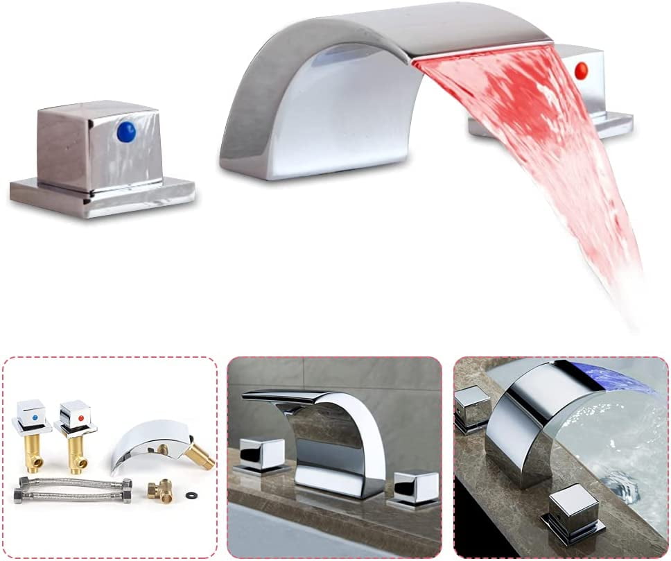Miumaeov Led Waterfall Faucet, 3 Colored Changing Bathroom LED Light Sink Faucet, LED Light Faucet with Dual Handles & 3 Holes, Premium Brass Body Bathroom Sink Faucet
