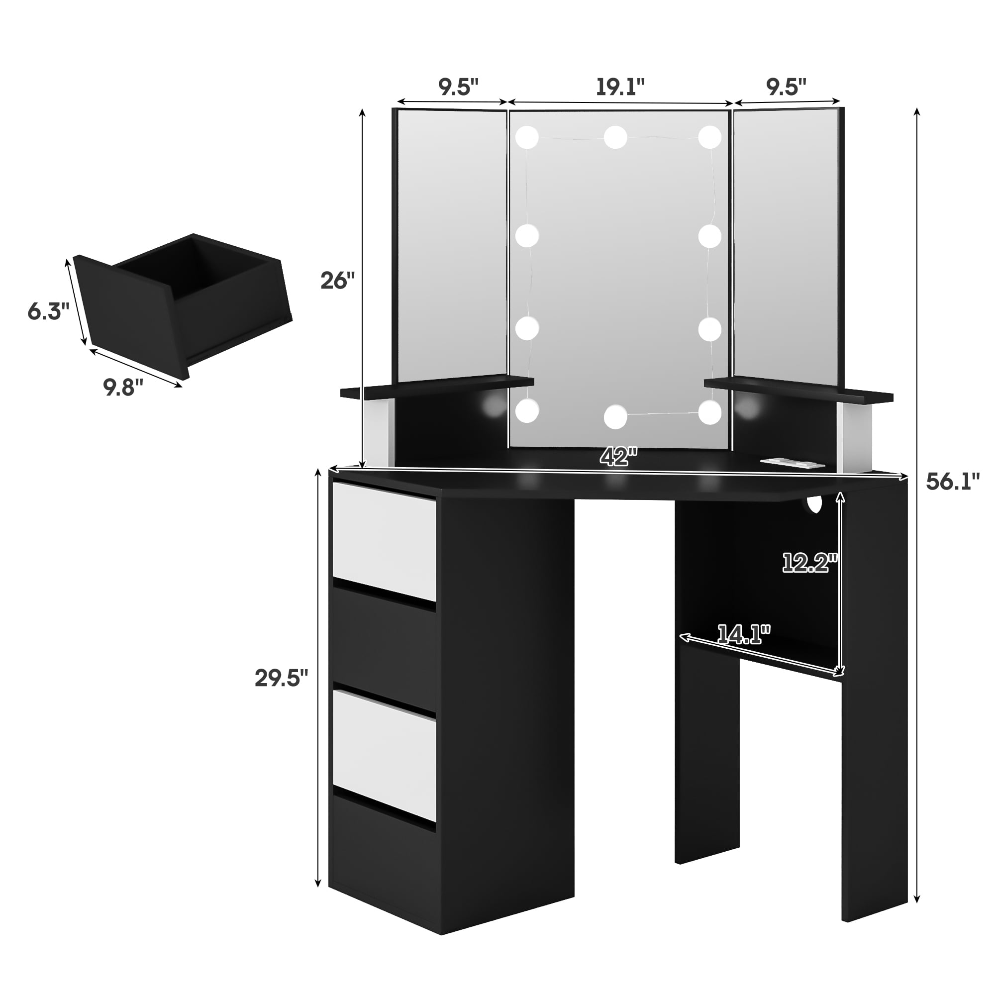 Veanerwood Corner Vanity Desk with Lighted Mirror & Charging Station,Makeup Vanity Table, Black