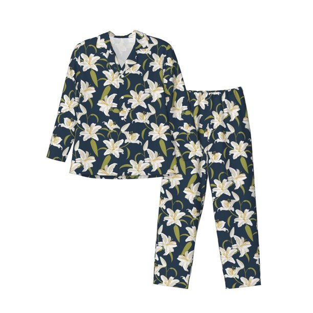 Fotbe Lilies Flowers Pijama de Hombre con Estampado de Manga Larga, Conjunto de 2 Piezas, Ropa de Dormir Suave y Cómoda con Bolsillos-X-Large