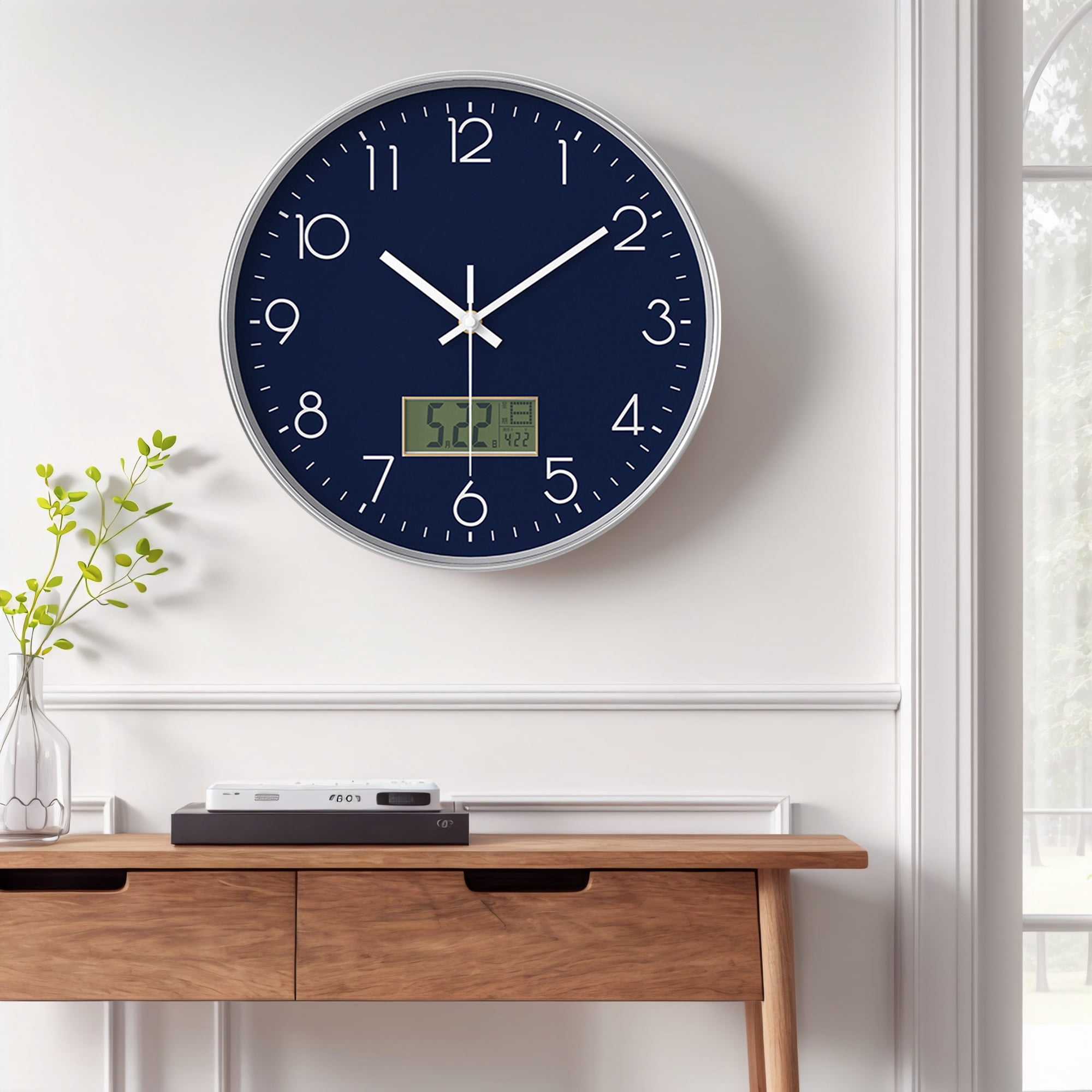 Unique Bargains Silent Non Ticking Wall Clock with Date and Temperature Navy Blue
