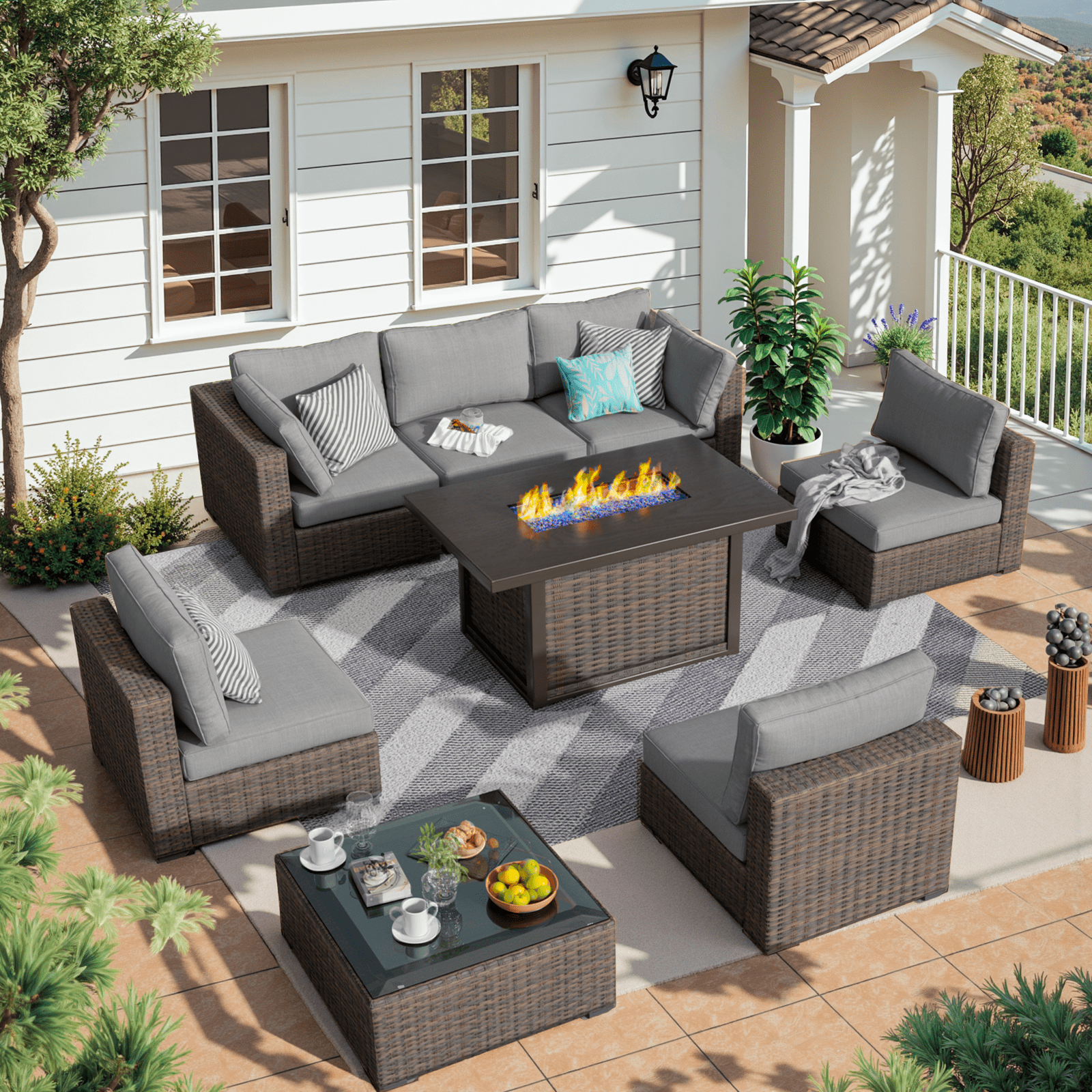 Gaildon 8 Piece Patio Furniture Set with Fire Pit Table, All Weather Outdoor Sectional PE Rattan, Patio Conversation Sets with Cushions and Glass Coffee Table for Garden Lawn Balcony Porch Deck