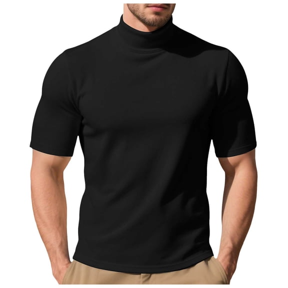 NOLDARES Mens T-Shirt Casual Cotton Stretch Solid Crewneck high neck Short Sleeve Tees Shirts Streetwear(Black,S)