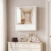 ALPULON Double Door Wall Mounted Bathroom Mirrored Cabinet with Push to Open Doors and Flip Down Compartment for Storage, White