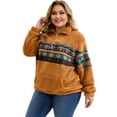 thumbnail image 2 of Sudadera de felpa para mujer de talla grande GRACE & GRANDEUR con estampado occidental azteca, pulóver con cremallera de 1/4, manga larga, chaqueta casual con bolsillos 2X marrón, 2 of 5