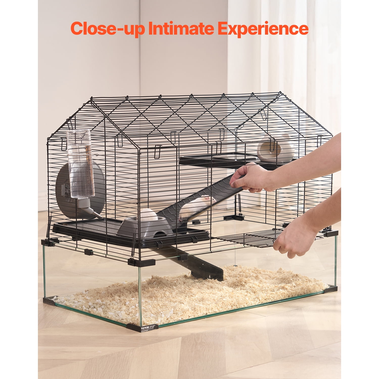 KFFKFF Rodent Enclosure, Full View Clear Rodent Homes, Compact Creature Habitat, 29.5 x 17.3 x 24 in, Breathable Pet Rodent Cages with Hydration Bottle, Mobile Rodent Residence for Rats, Guinea Pigs