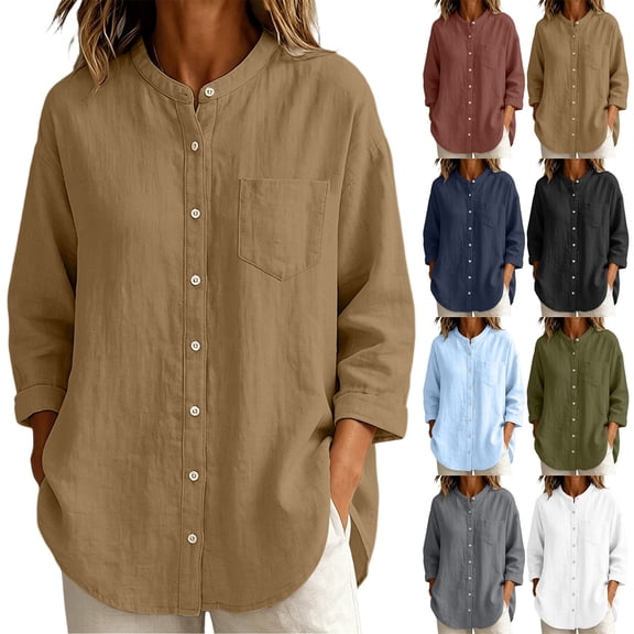 VBVC Women's Linen Cotton Button Down Shirt , Long Sleeve Loose Tunic Top For Women , Ladies' Lightweight Casual Blouse with Pockets,Army Green,S-3XL