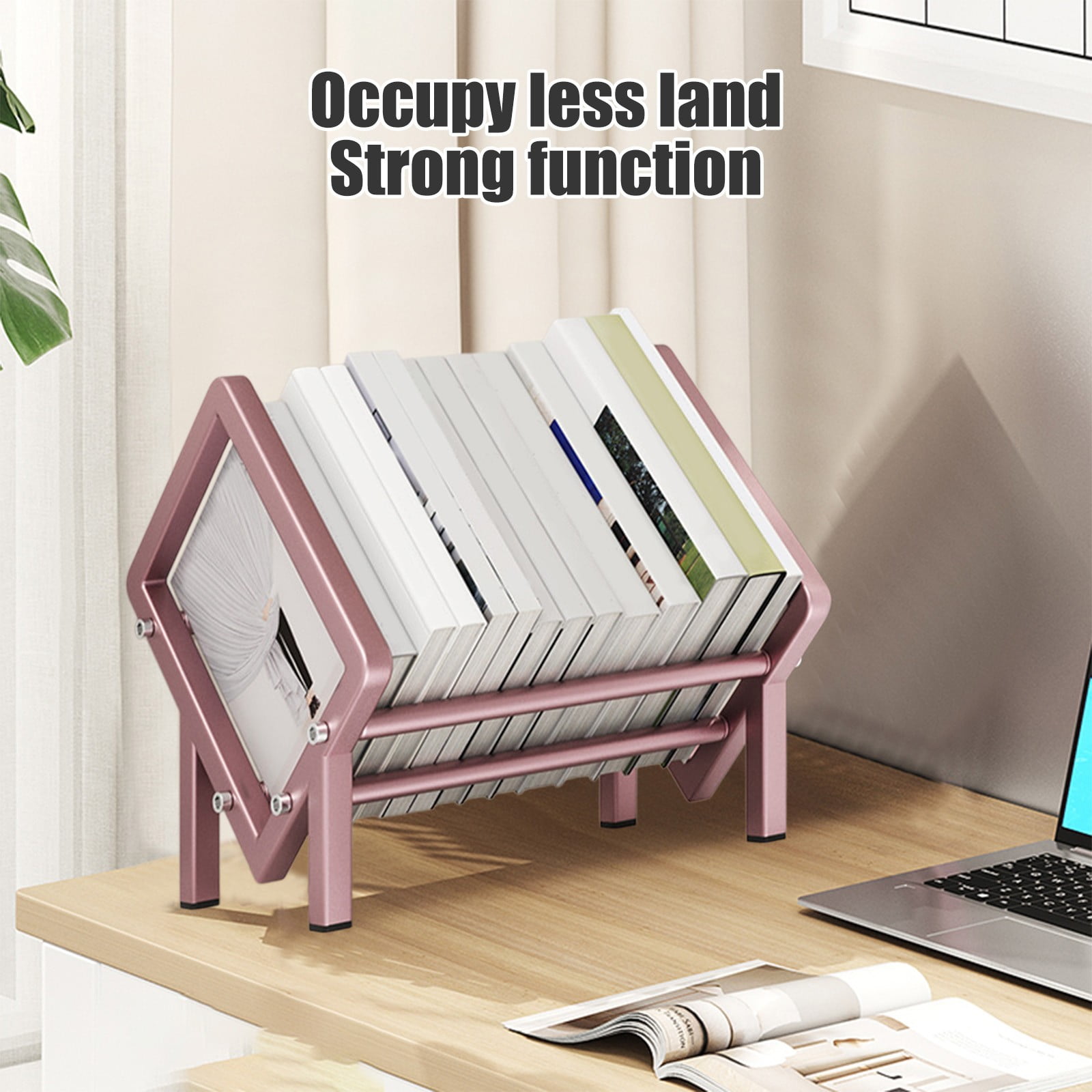 Merryso Stainless Steel Desktop Bookshelf, Rose Gold Small Desk Book Rack, Rustproof Durable Desk Organizer for Office Student, Compact Book Storage Shelf