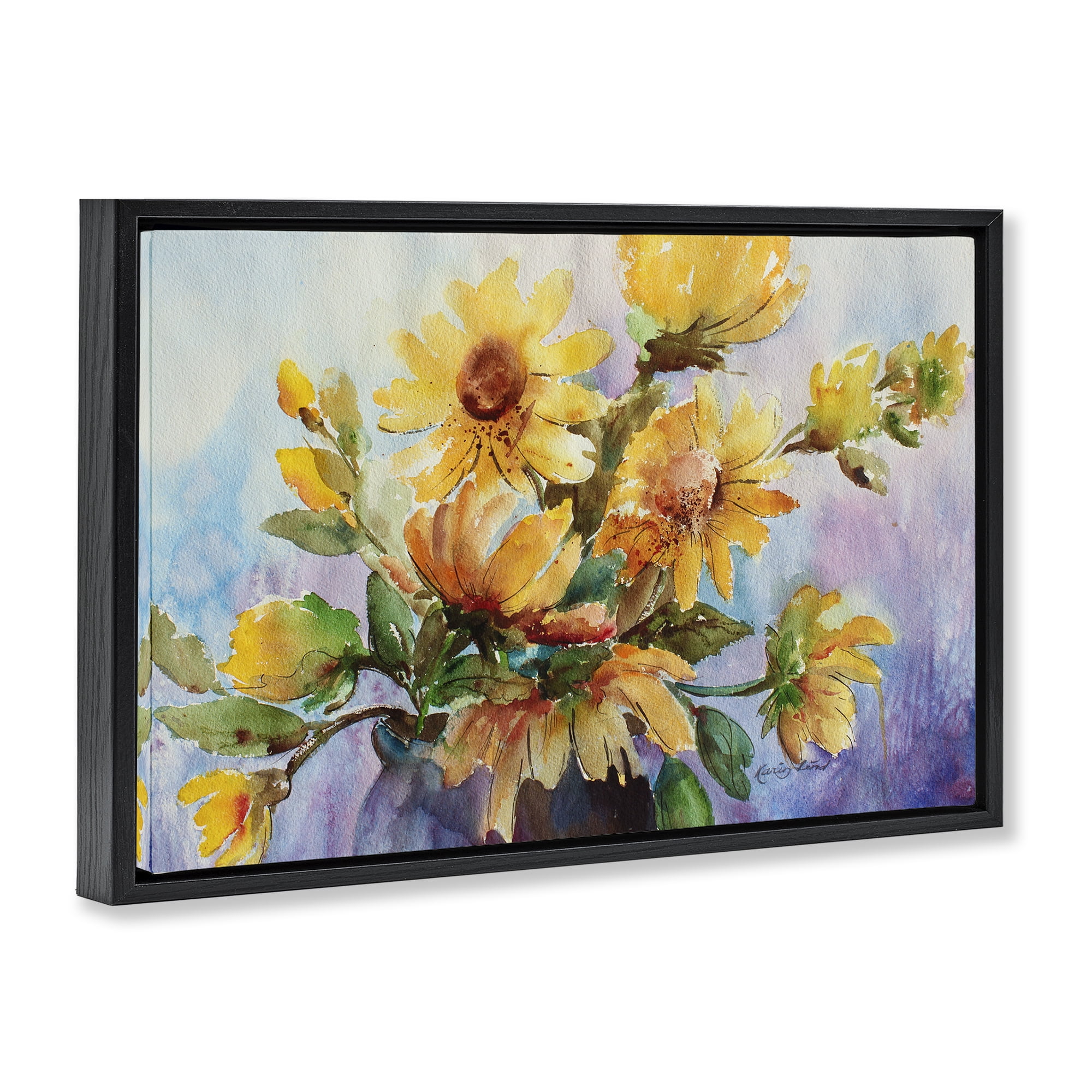 Stupell Industries Watercolor Daisies Vase Botanical & Floral Painting Black Floater Framed Art Print Wall Art, 31 x 21