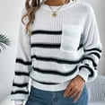 thumbnail image 5 of Fesfesfes Women's Fall Winter Blouses Comfy Knitted Striped Long Sleeve Crew Neck Pullover Tops Fashion Loose Contrast Color Sweater(White#5,S), 5 of 7