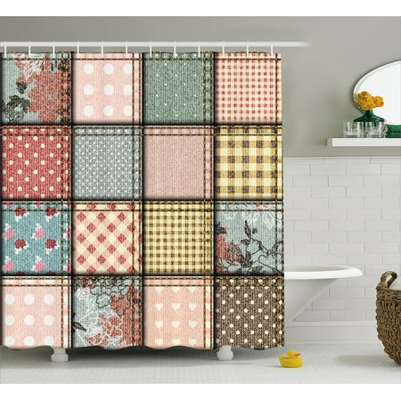 Shabby Chic Shower Curtain, Patchwork Denim Seem Fabric Pieces with Stitches Square Tile Digital Print, Fabric Bathroom Set with Hooks, Multicolor, by