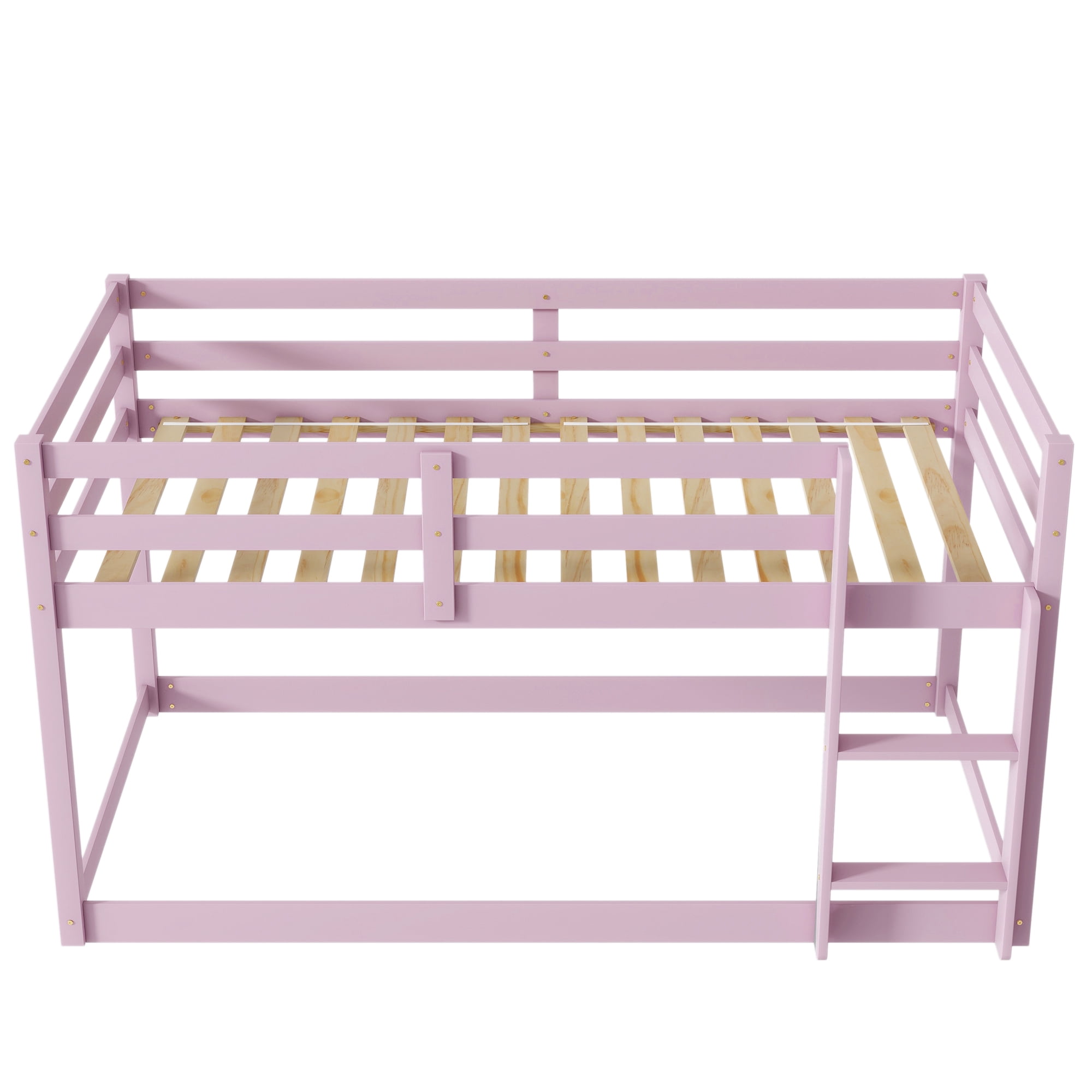 Miniyam Wood Twin over Twin Floor Bunk Bed with Ladder and Guardrails, Pink