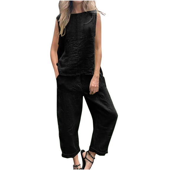 Summer Fashion Two Piece Sets for Women Dressy Plus Size Solid Color Round Neck Short Sleeve And Pants Sets With Pockets