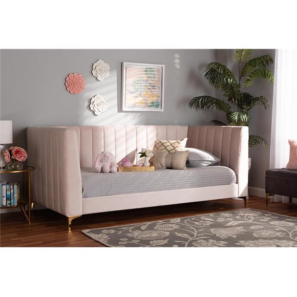 Wholesale Interiors Oksana Modern Contemporary Glam & Luxe Daybed in Light Pink, Velvet Fabric Upholstered, Twin Size, with Gold Finished Legs