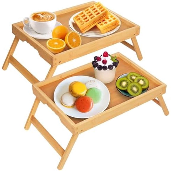 Bed Tray Table with Folding Legs,Bamboo Breakfast in Bed for TV Table, Laptop Computer Tray,Eating,Snack Tray Beige 2 Pack(Beige)